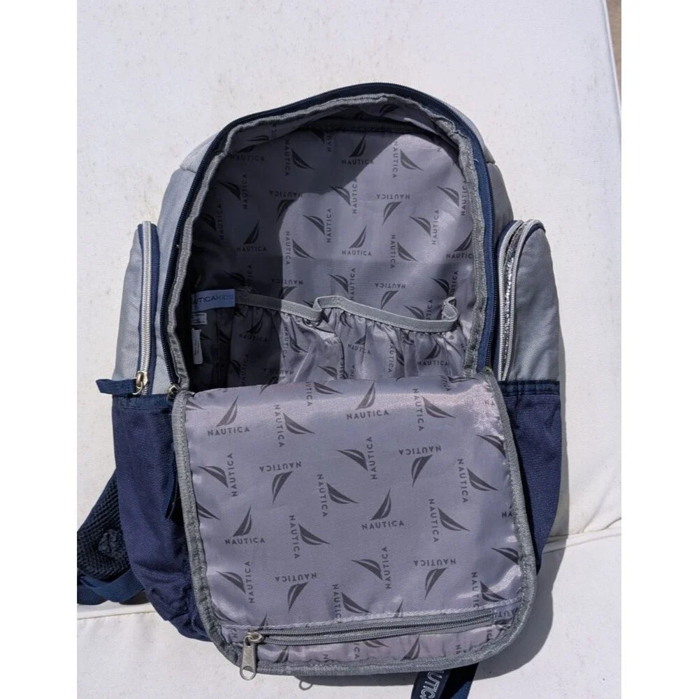Nautica Backpack Blue Silver Insulated Drink Pockets Multi Compartment Kids Logo